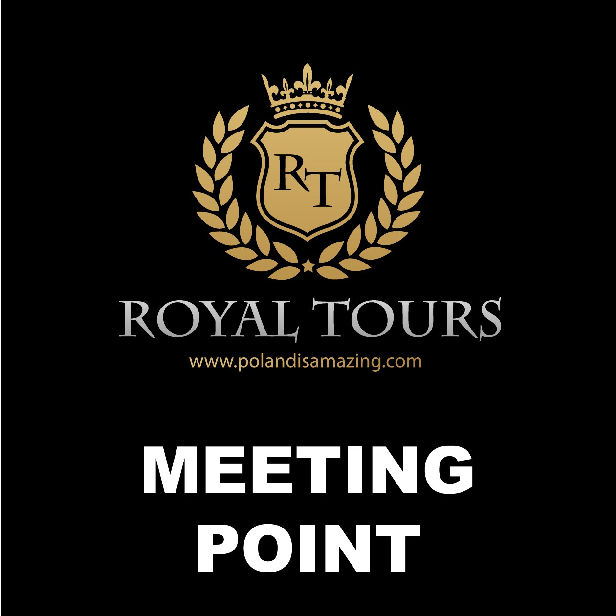 Close-up of the sign: the Royal Tours crest above the words MEETING POINT